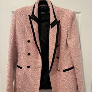 Zara Blush Pink Tweed Blazer with Black Trim